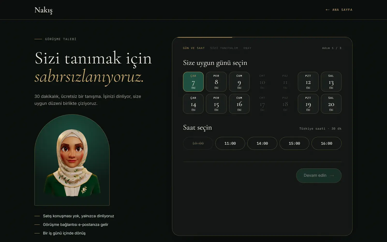 14 günlük takvim ve saat seçimiyle görüşme talebi sayfası
