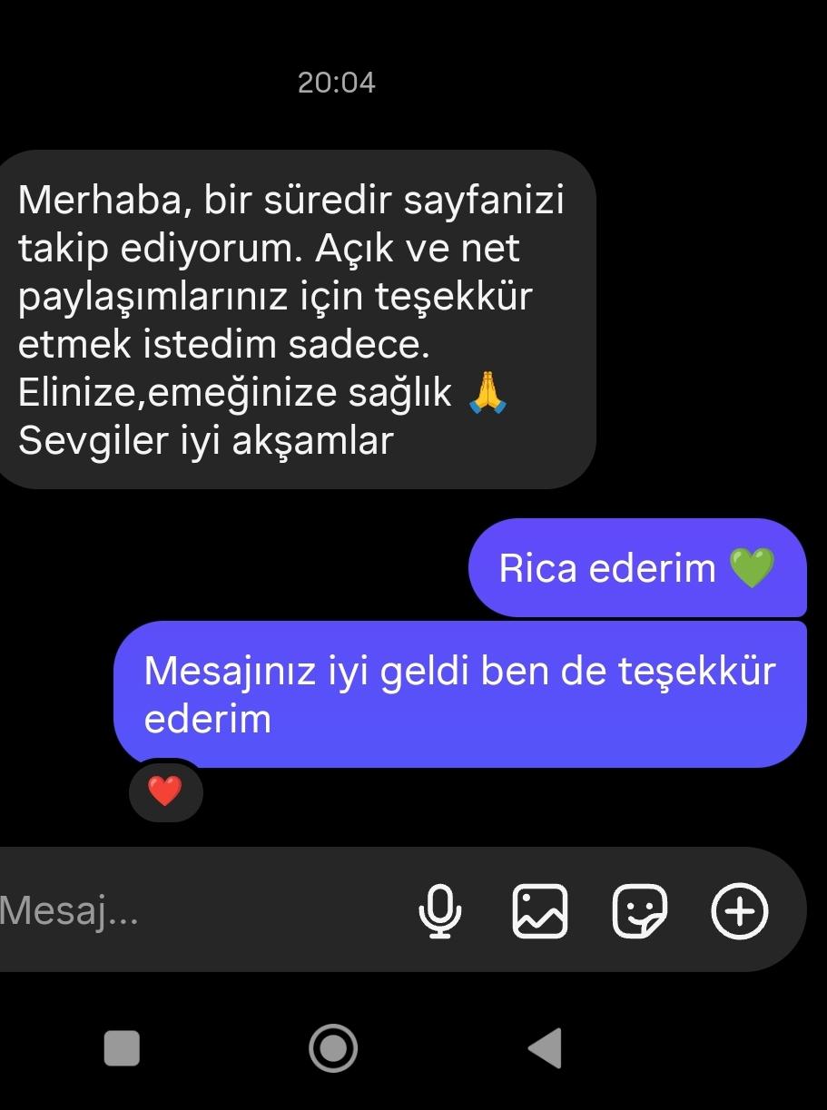 Instagram'dan gelen mesaj: Bir süredir sayfanızı takip ediyorum, açık ve net paylaşımlarınız için teşekkür etmek istedim.