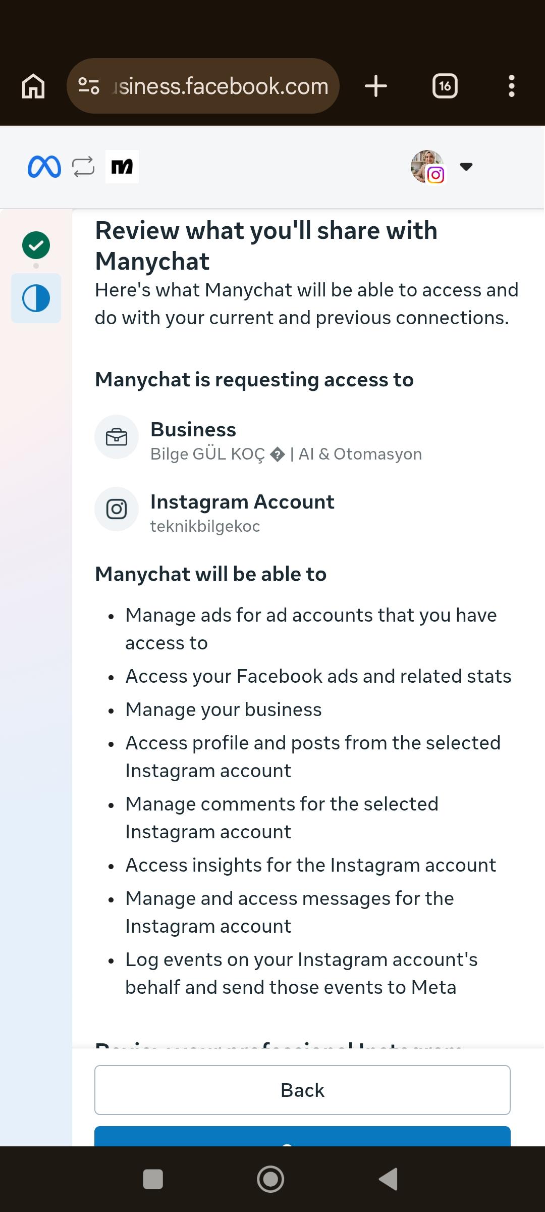'Review what you'll share with Manychat' onay ekranı