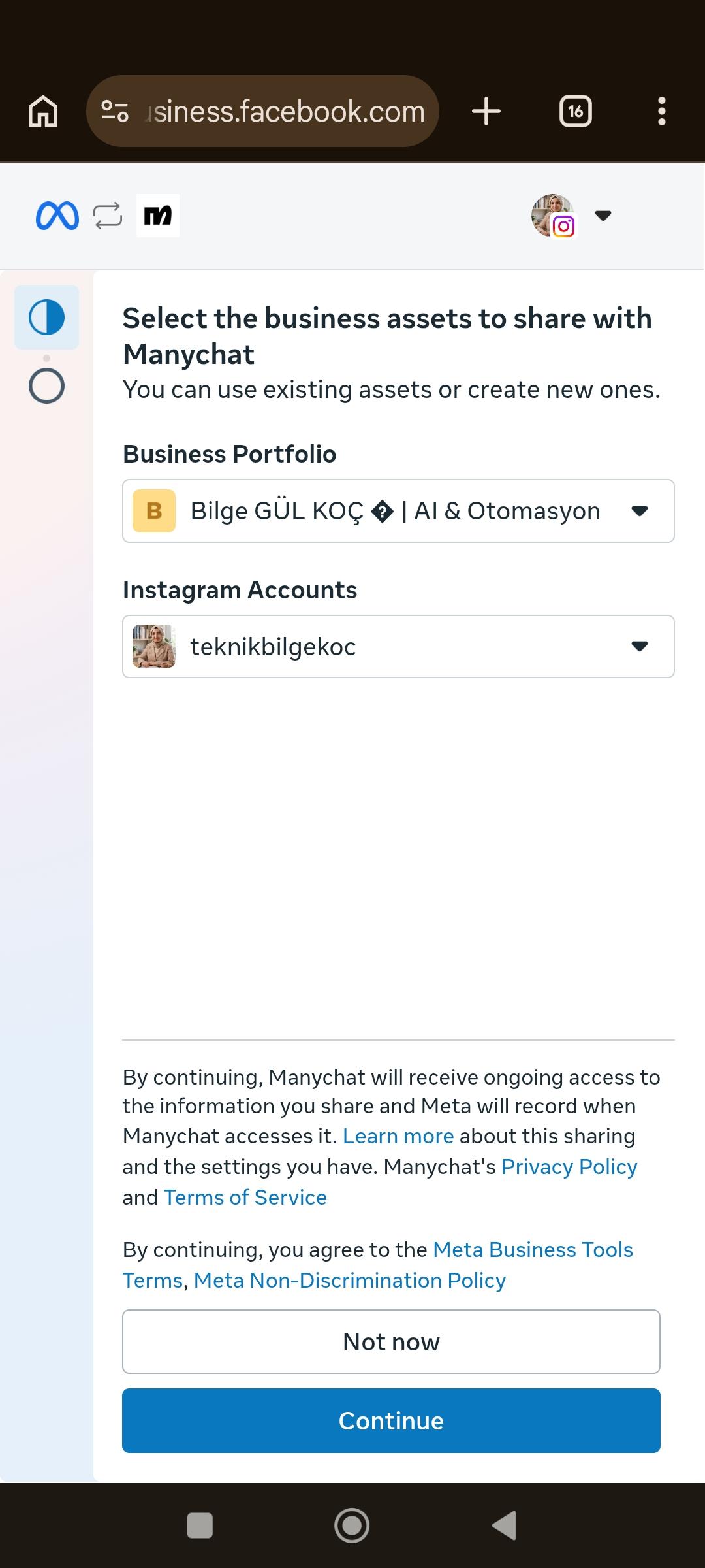 'Select the business assets to share with Manychat' izin ekranı