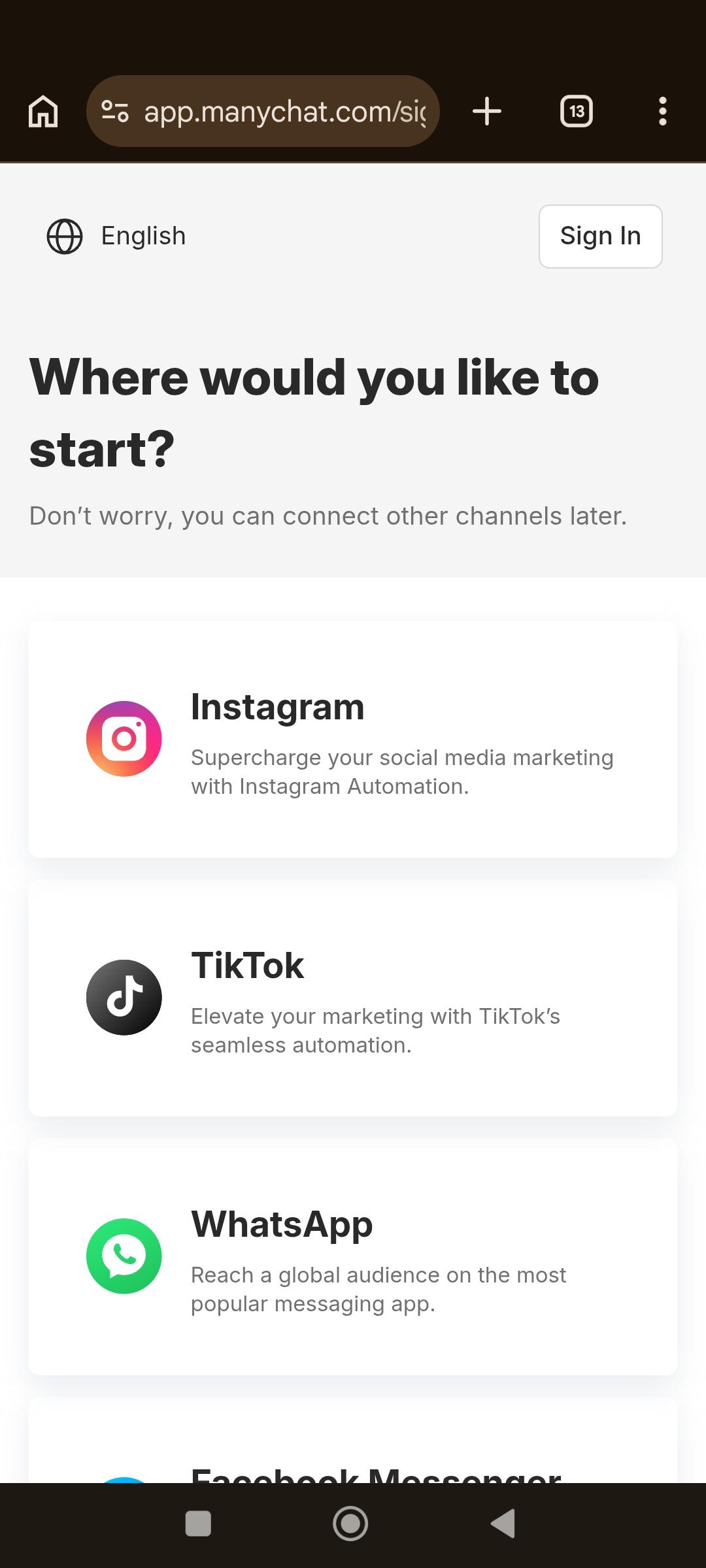 'Where would you like to start?' kanal seçim ekranı