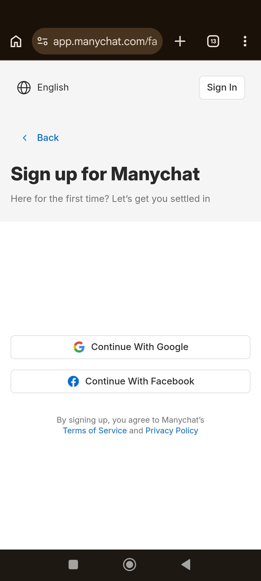 ManyChat kayıt ekranı