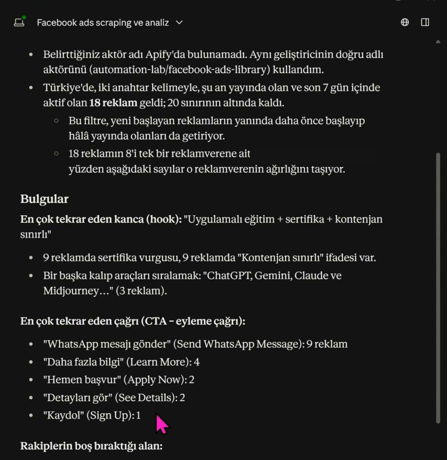 Claude'un bulduğu en çok tekrar eden reklam kancası ve çağrı (CTA) istatistikleri