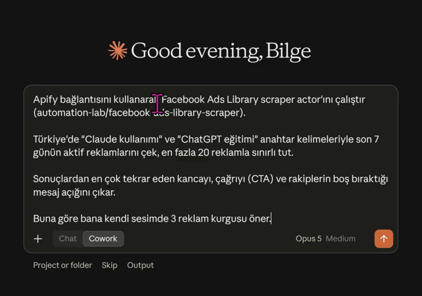 Claude Cowork sohbet kutusuna yazılmış gerçek prompt metni