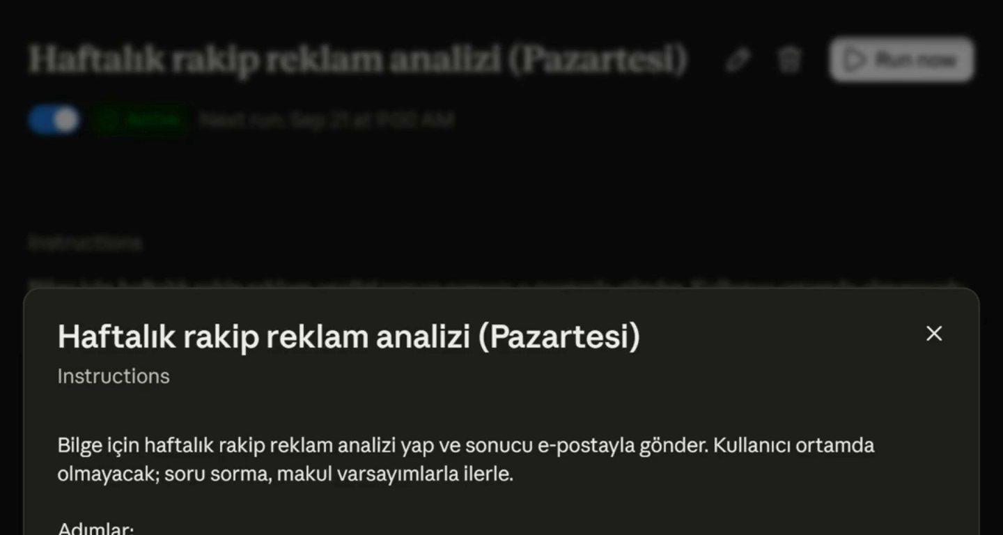 Claude Cowork'te haftalık rakip reklam analizi için kurulan zamanlanmış görev ve otomatik oluşturulan talimat metni