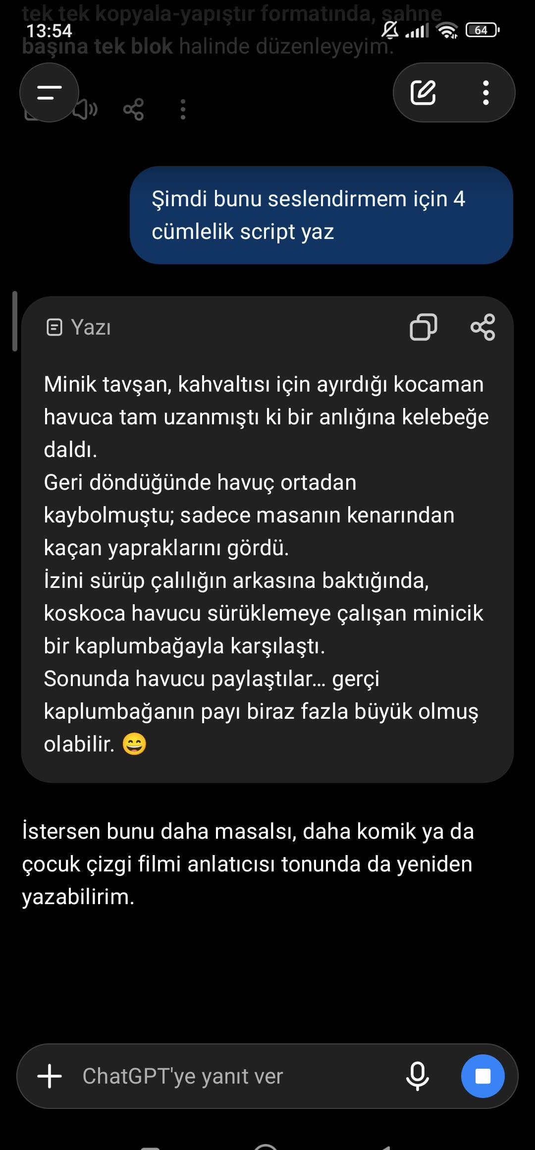 ChatGPT'nin yazdığı 4 cümlelik seslendirme scripti: minik tavşan, kelebek, kaplumbağa ve paylaşılan havuç hikayesi
